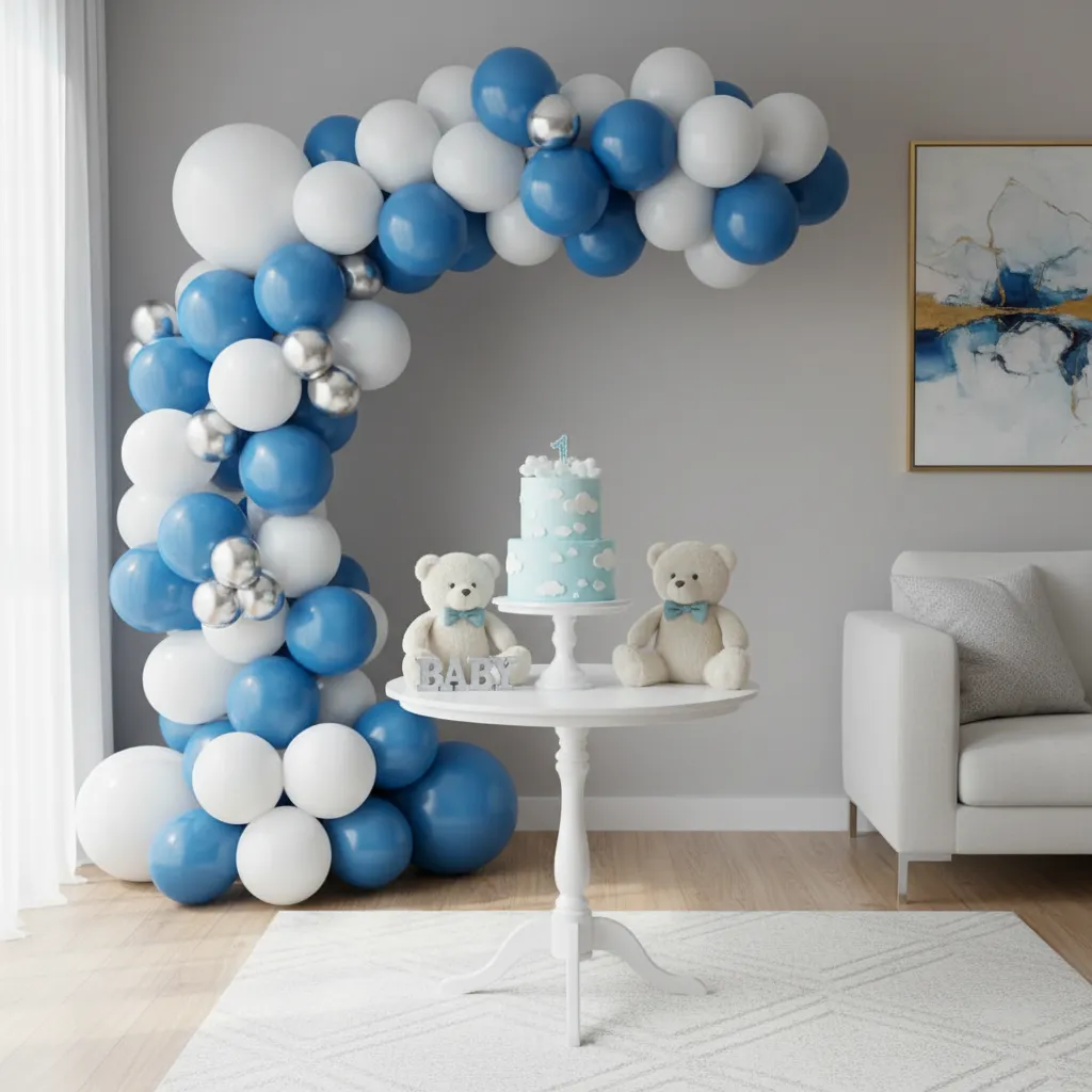 baby boy first birthday cake table decoration with balloons and teddy bear