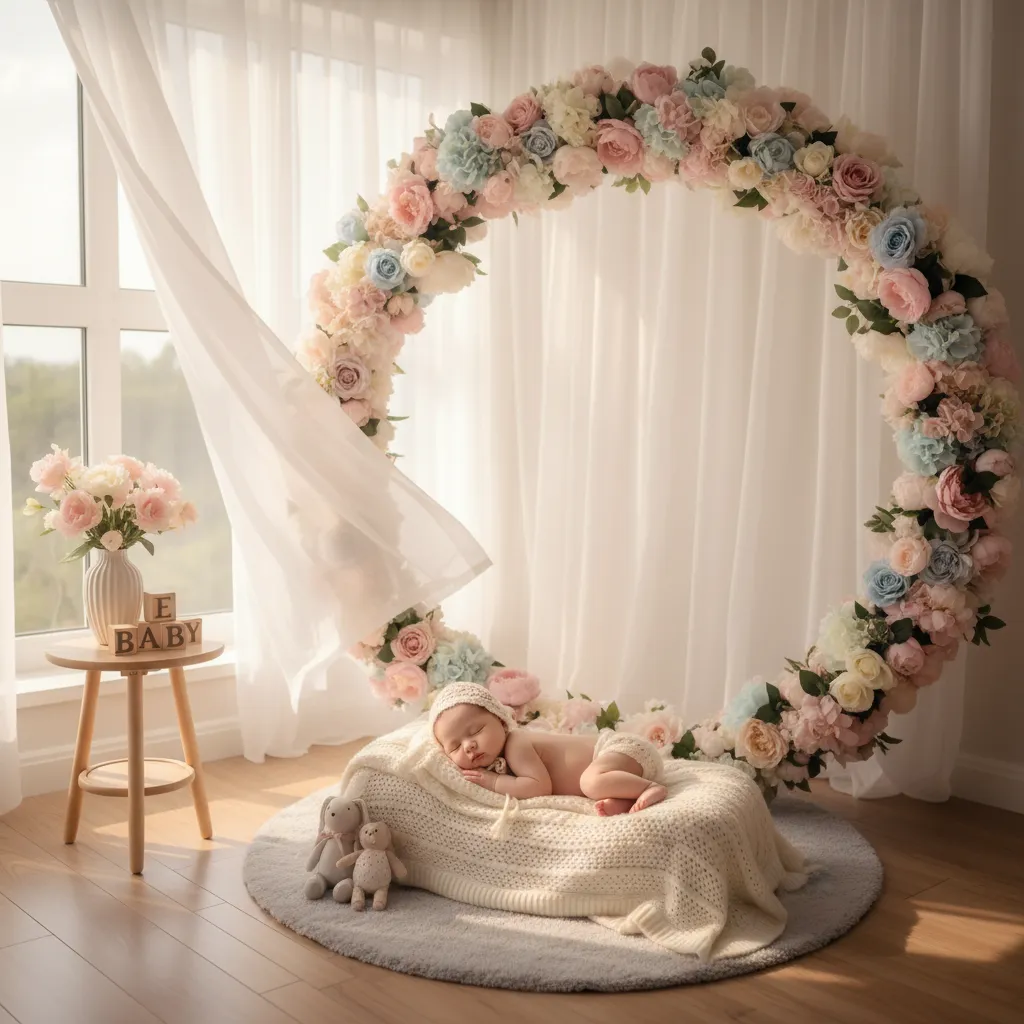 small baby welcome photo corner with floral hoop backdrop
