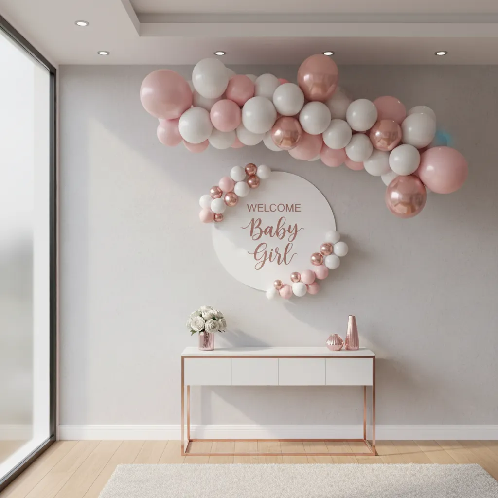 pastel balloon welcome wall for newborn baby girl
