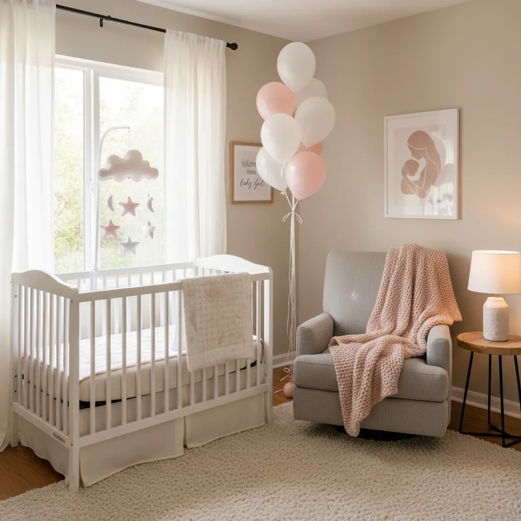 soft pastel baby girl welcome home room decoration with balloons and crib