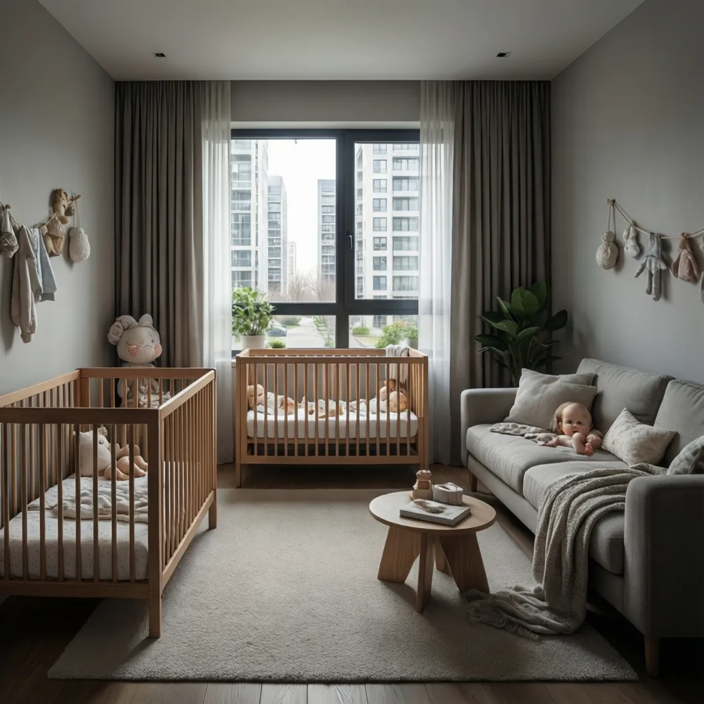 Calm nursery corner showing crib and organized living space representing a baby's residence