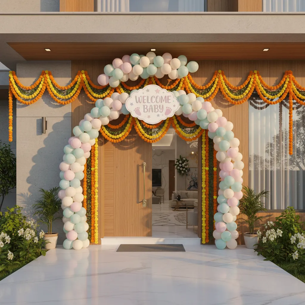 indian home entrance decorated with pastel balloons and flowers to welcome newborn baby
