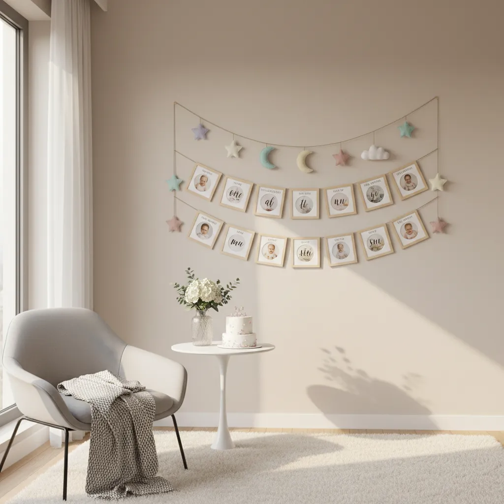 monthly baby photo banner decoration on wall for first birthday