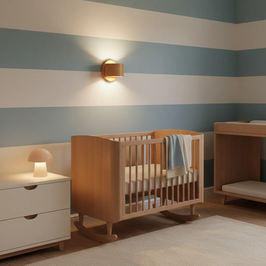 Baby cradle with warm nursery lighting and wall sconce
