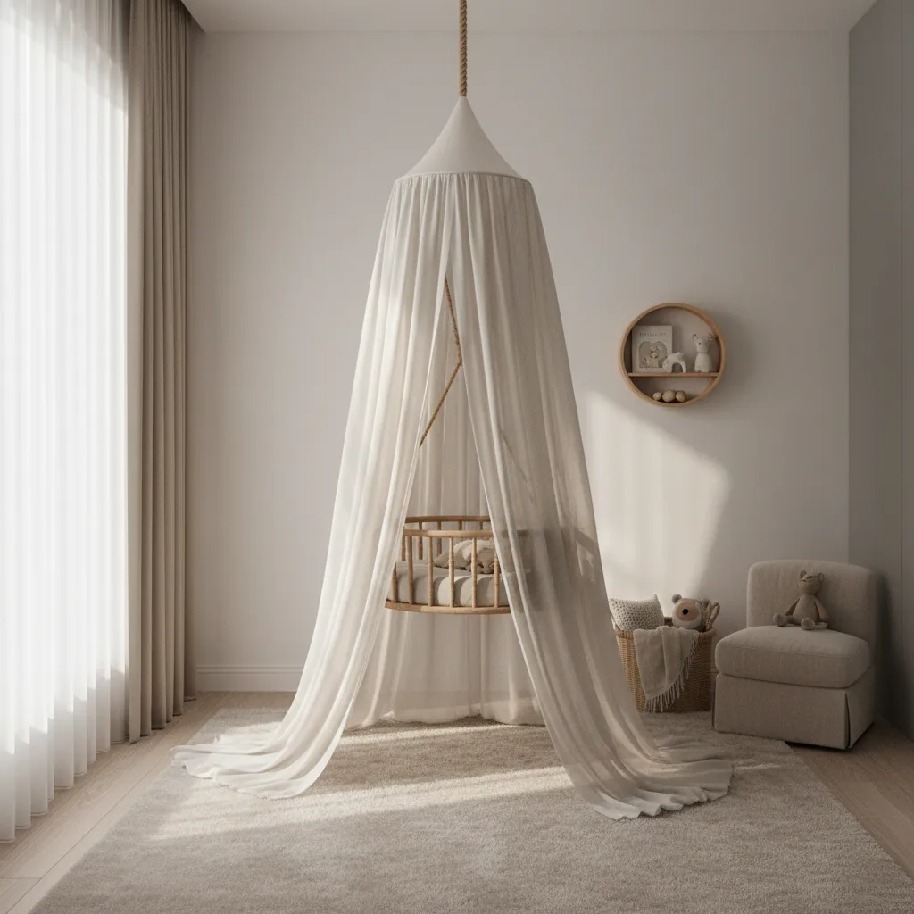 Baby palna decorated with soft fabric canopy in a small nursery