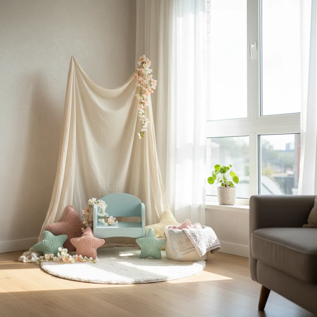 Baby photo corner with soft backdrop and natural window light in small home