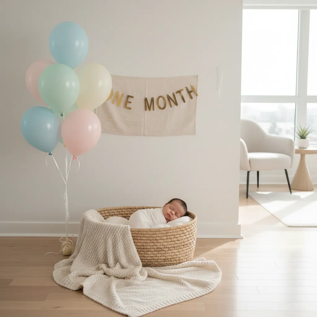 simple baby photo corner setup with blanket banner and balloons