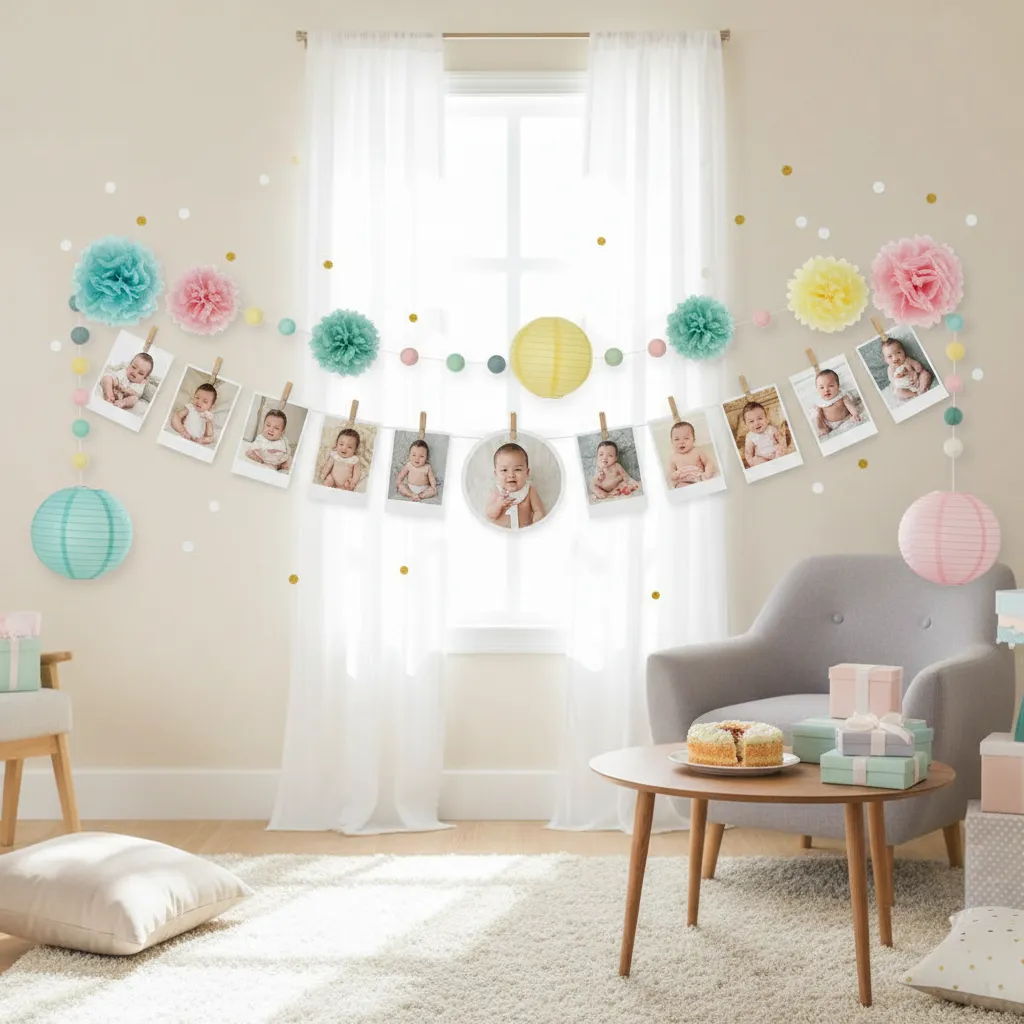 baby first year photo timeline banner decoration at birthday party