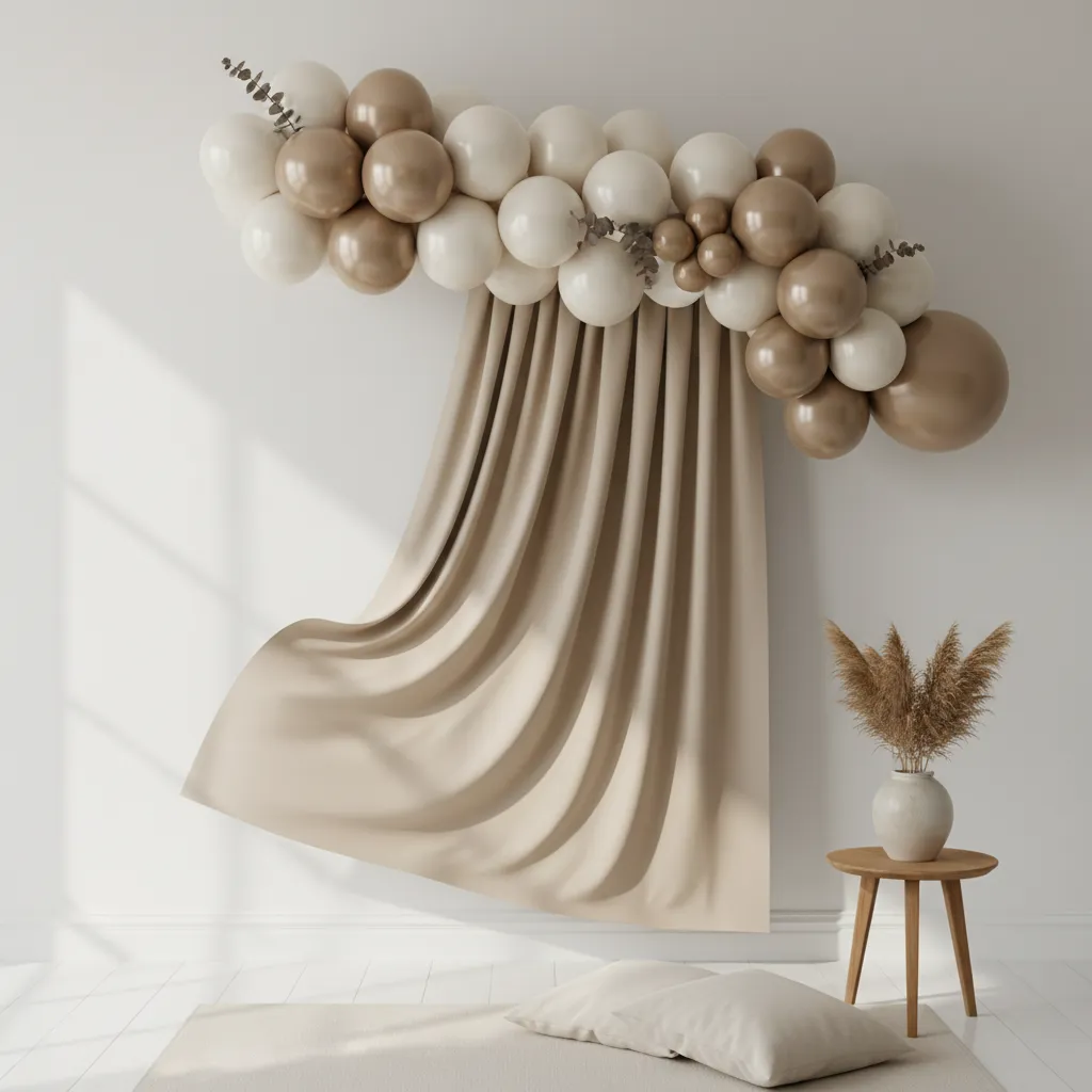 Neutral fabric baby shower backdrop with balloon garland