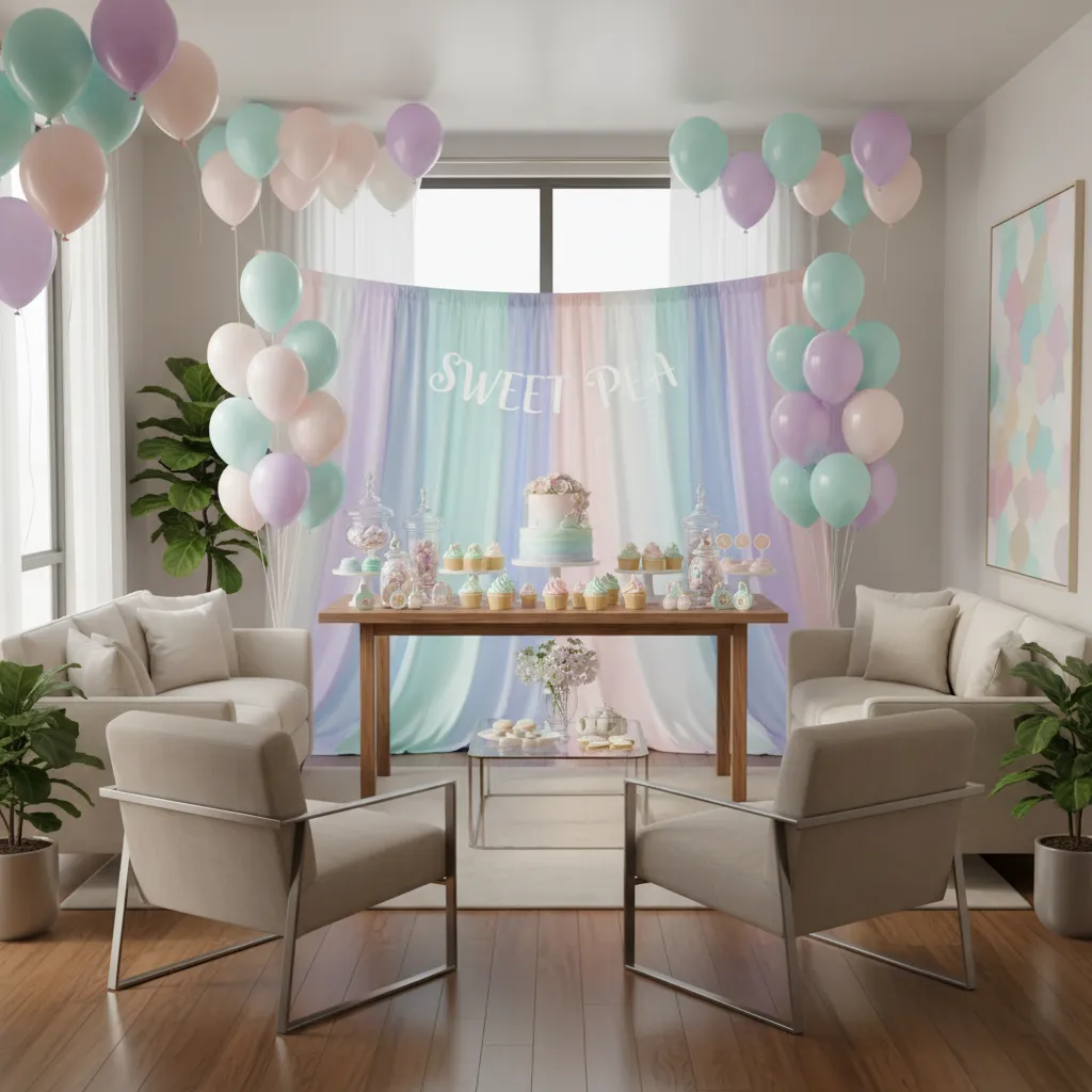 Baby shower dessert table with banner backdrop and pastel decorations