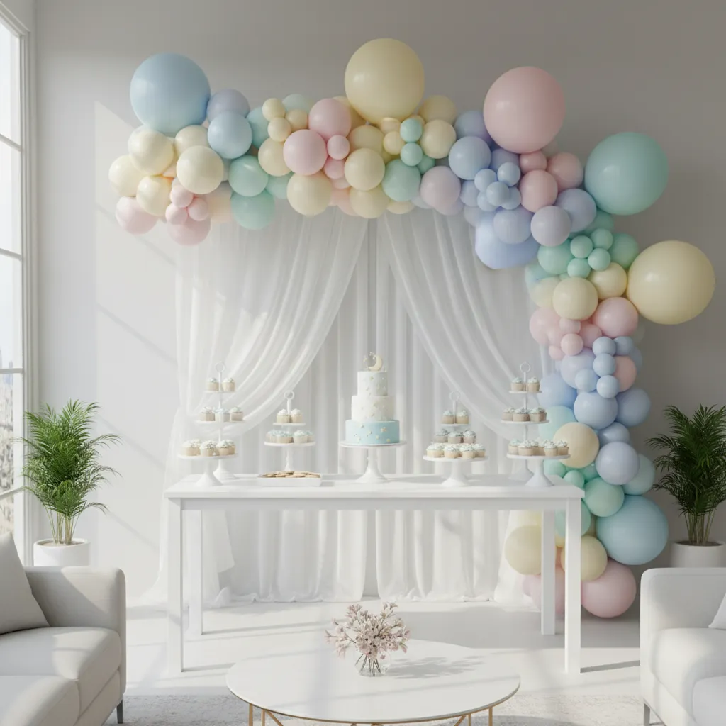 Baby shower focal point backdrop with balloon arch and decorated table