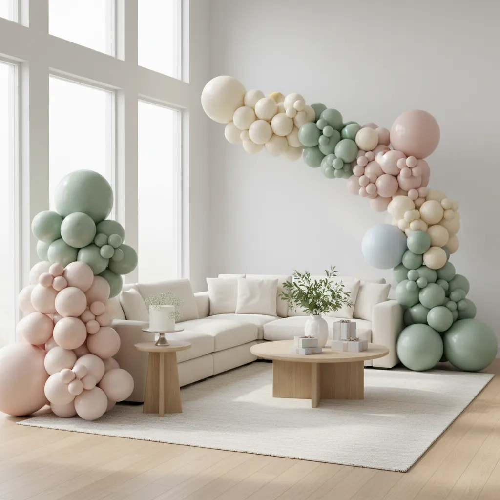 Balloon arch baby shower decoration in a modern living room setup