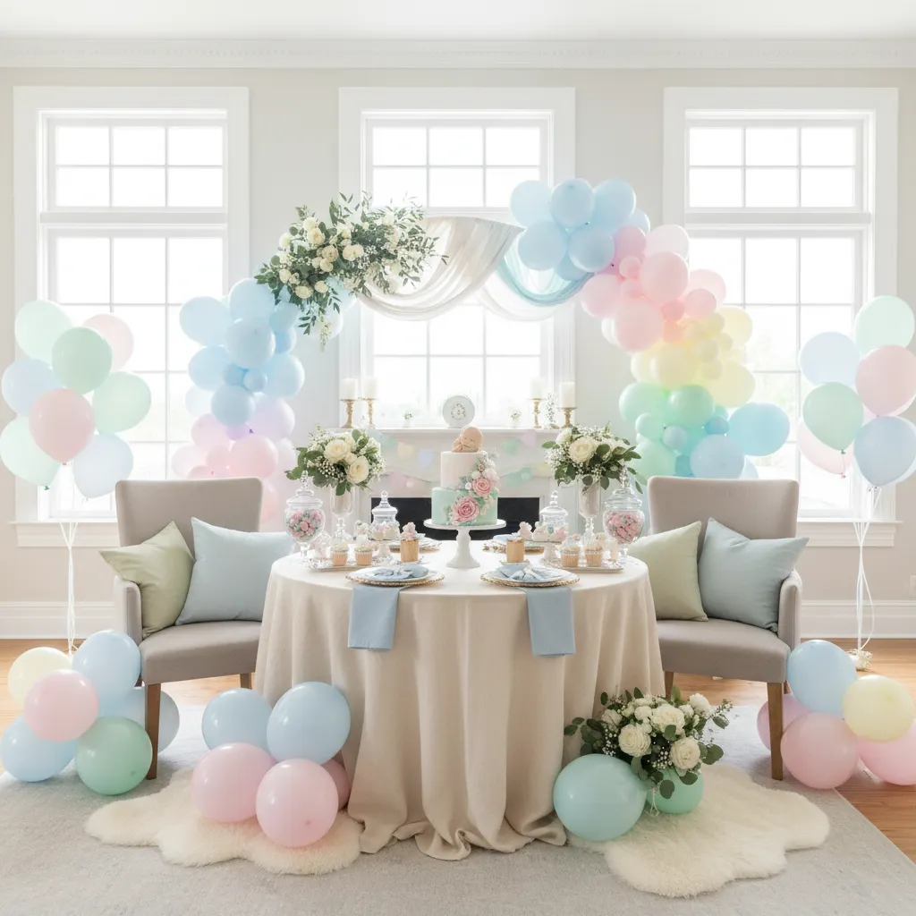 coordinated pastel baby shower decorations with consistent color palette