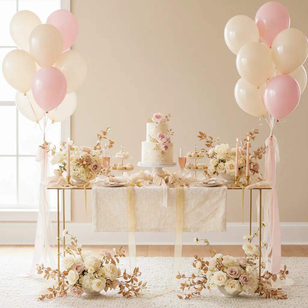 Soft pastel baby shower color palette with balloons flowers and table decorations