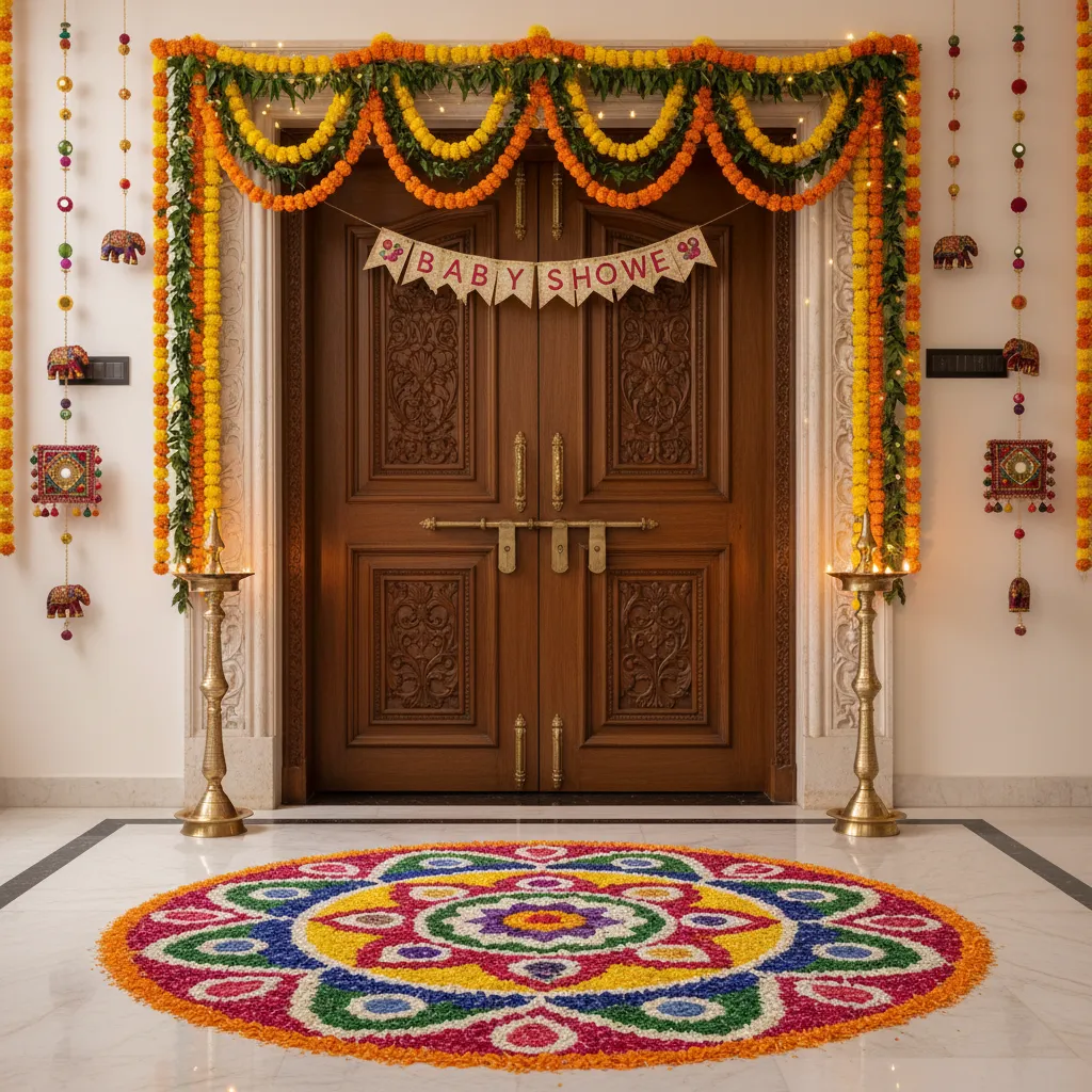 decorated Indian baby shower entrance with marigold toran and rangoli