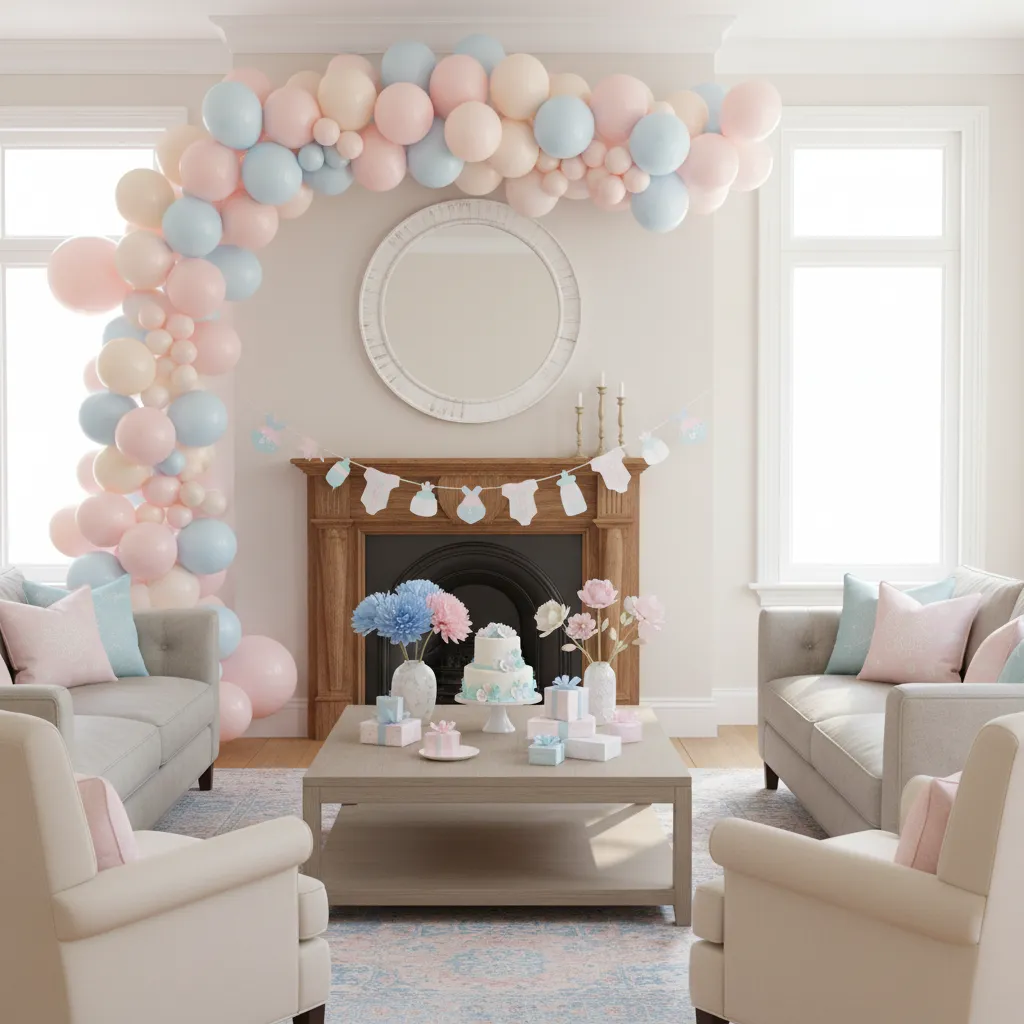 Baby shower room with mixed DIY paper decorations and store bought balloon decor