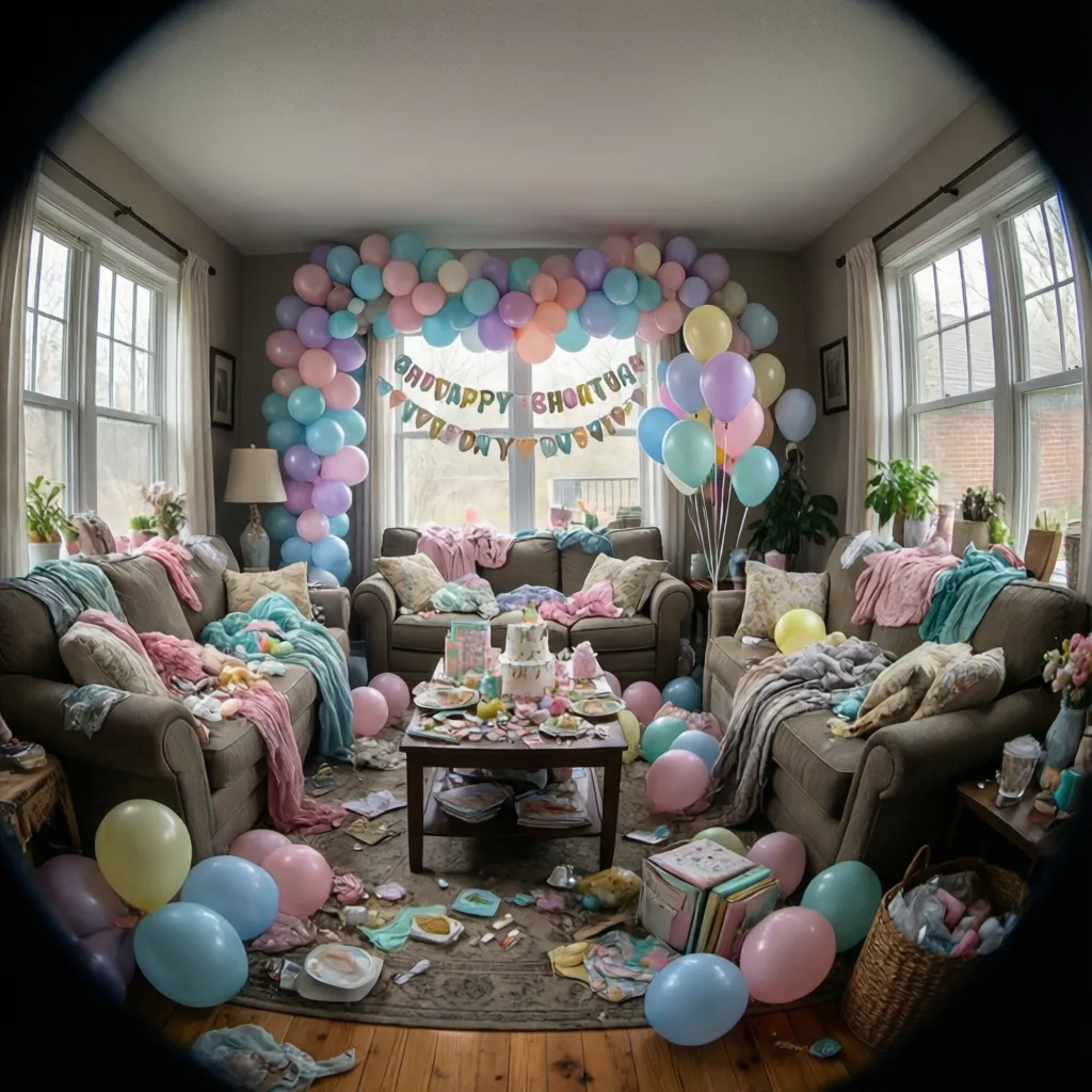 messy baby shower decoration setup with poorly placed balloons and scattered decorations