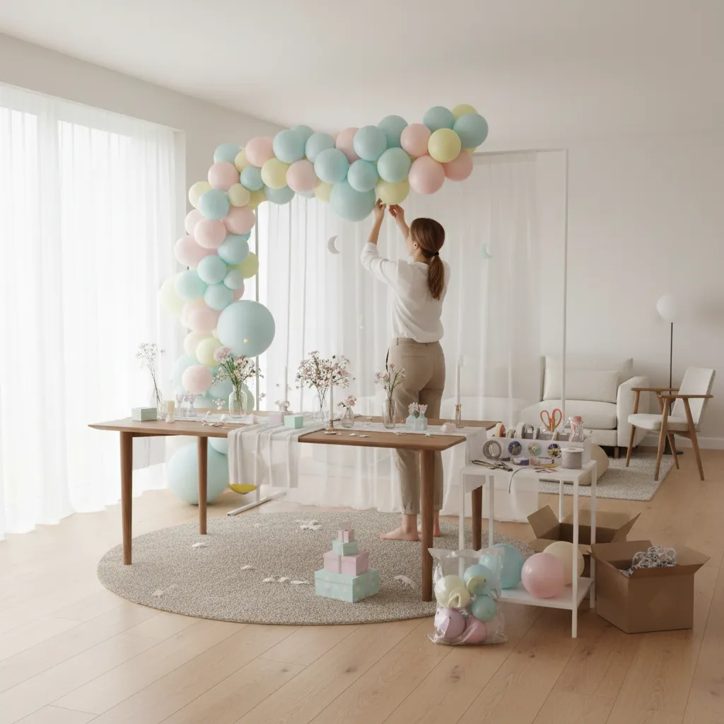 Baby shower decoration setup with balloons and table decorations in progress