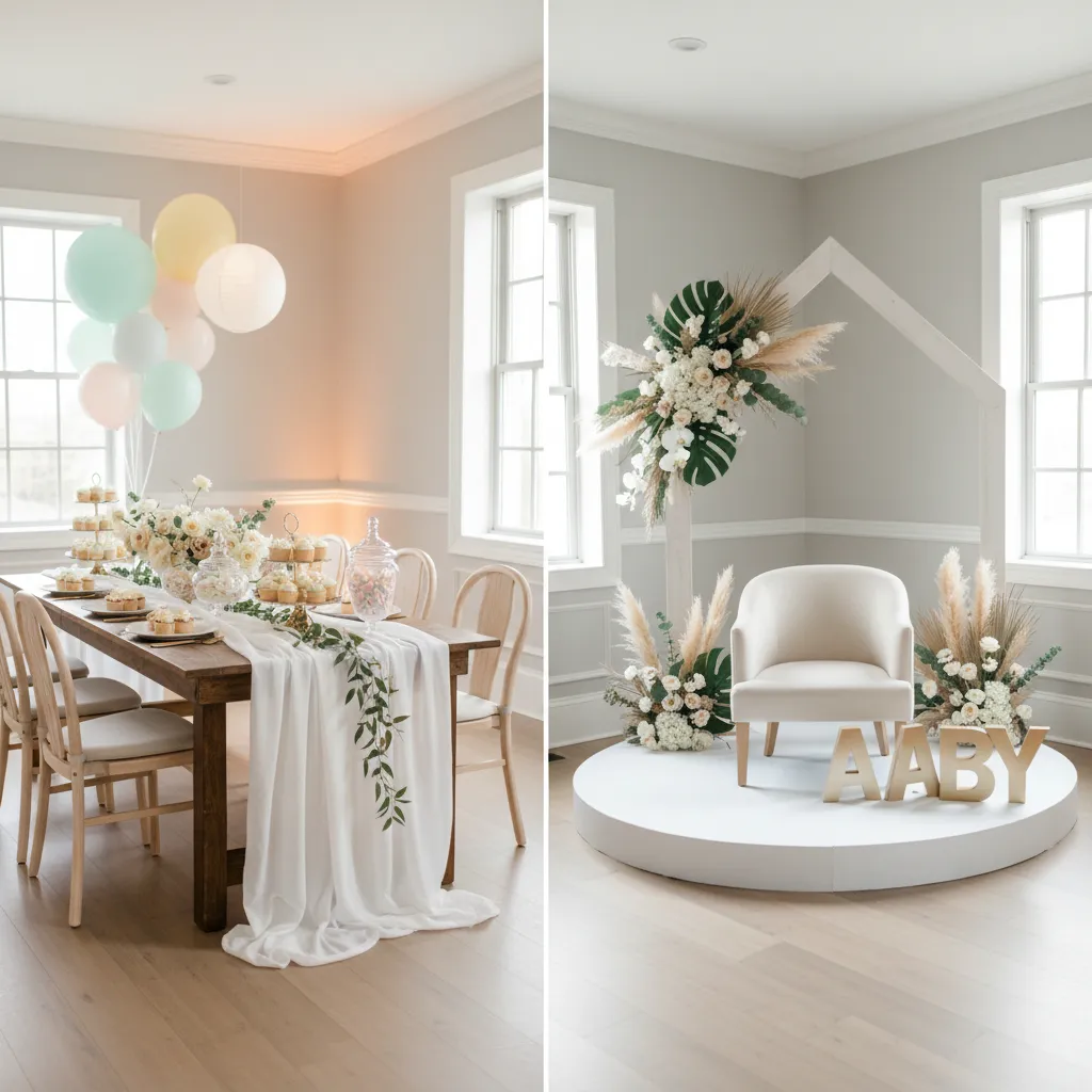 Different baby shower decoration styles including pastel, minimal, and nature inspired themes
