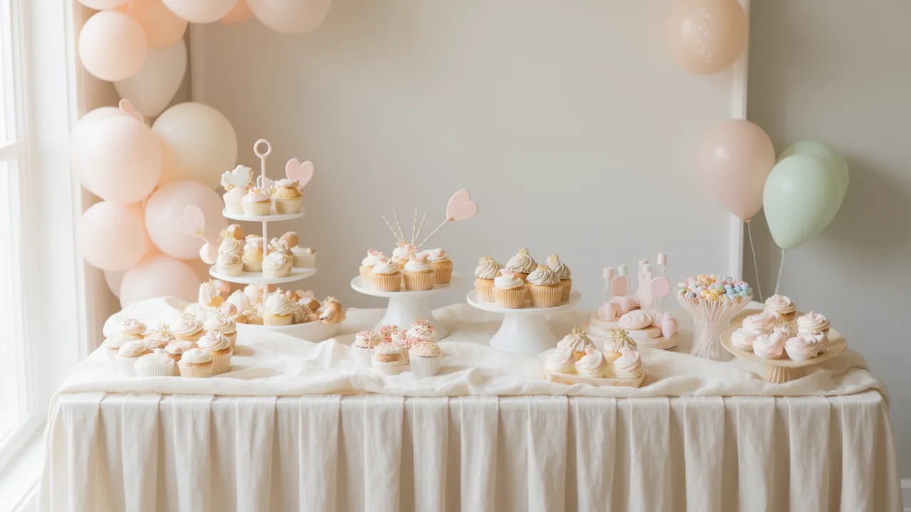 Baby shower dessert table styled with gauze table runner and decorations