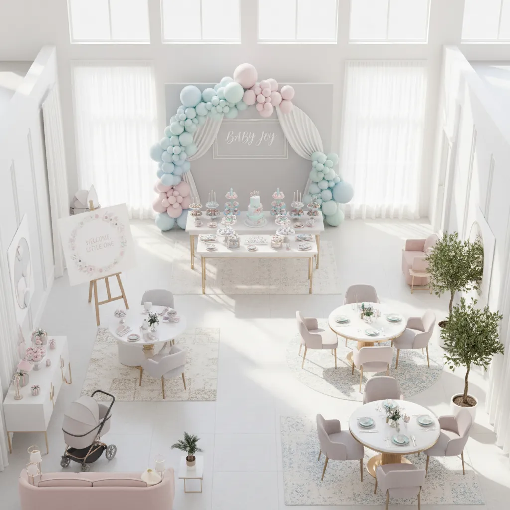 Baby shower party space layout with decorated zones for seating, backdrop, and dessert table