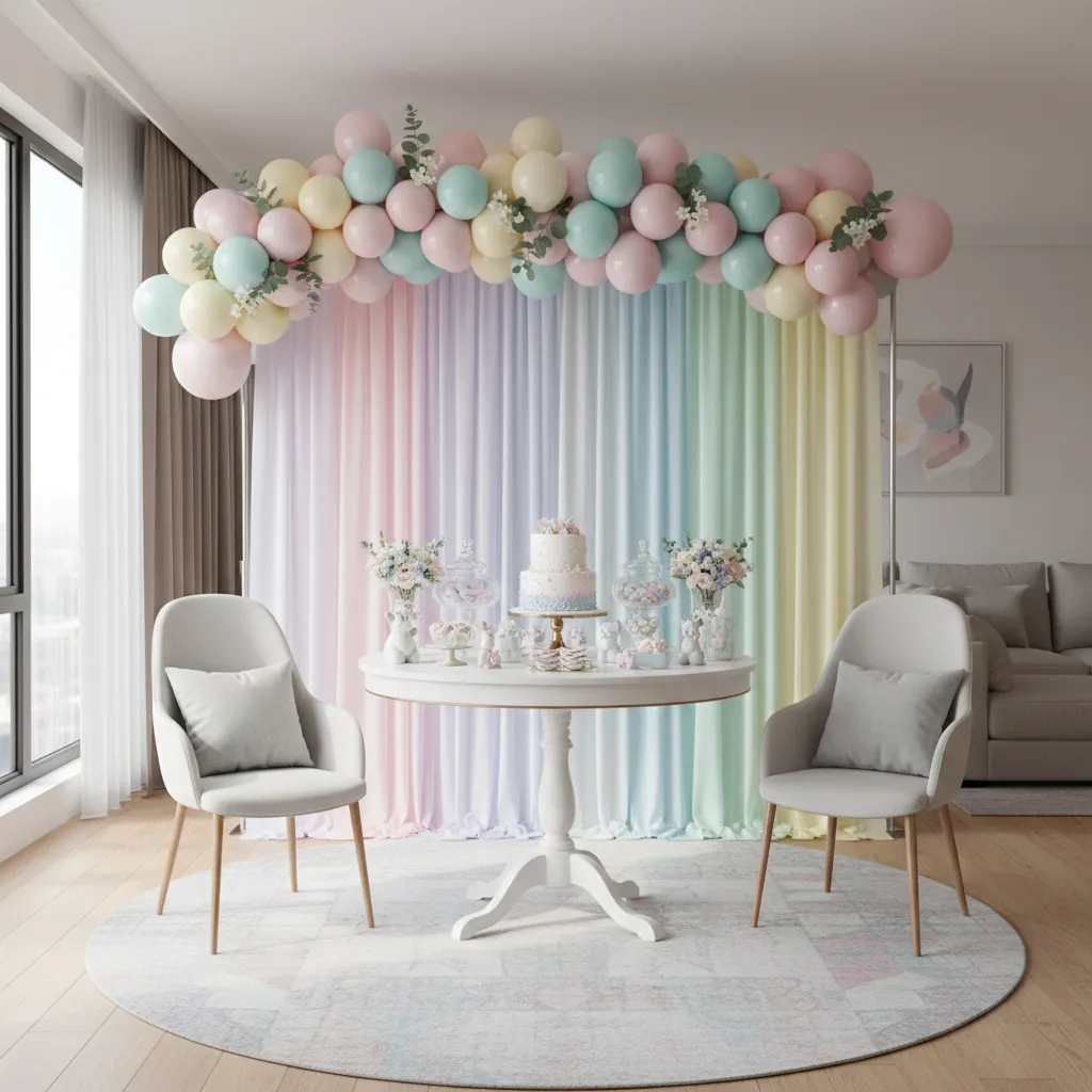 baby shower photo backdrop with balloons and dessert table