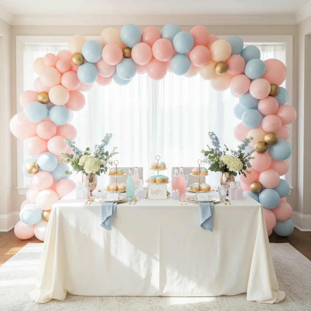 Stylish baby shower balloon arch and photo backdrop decoration