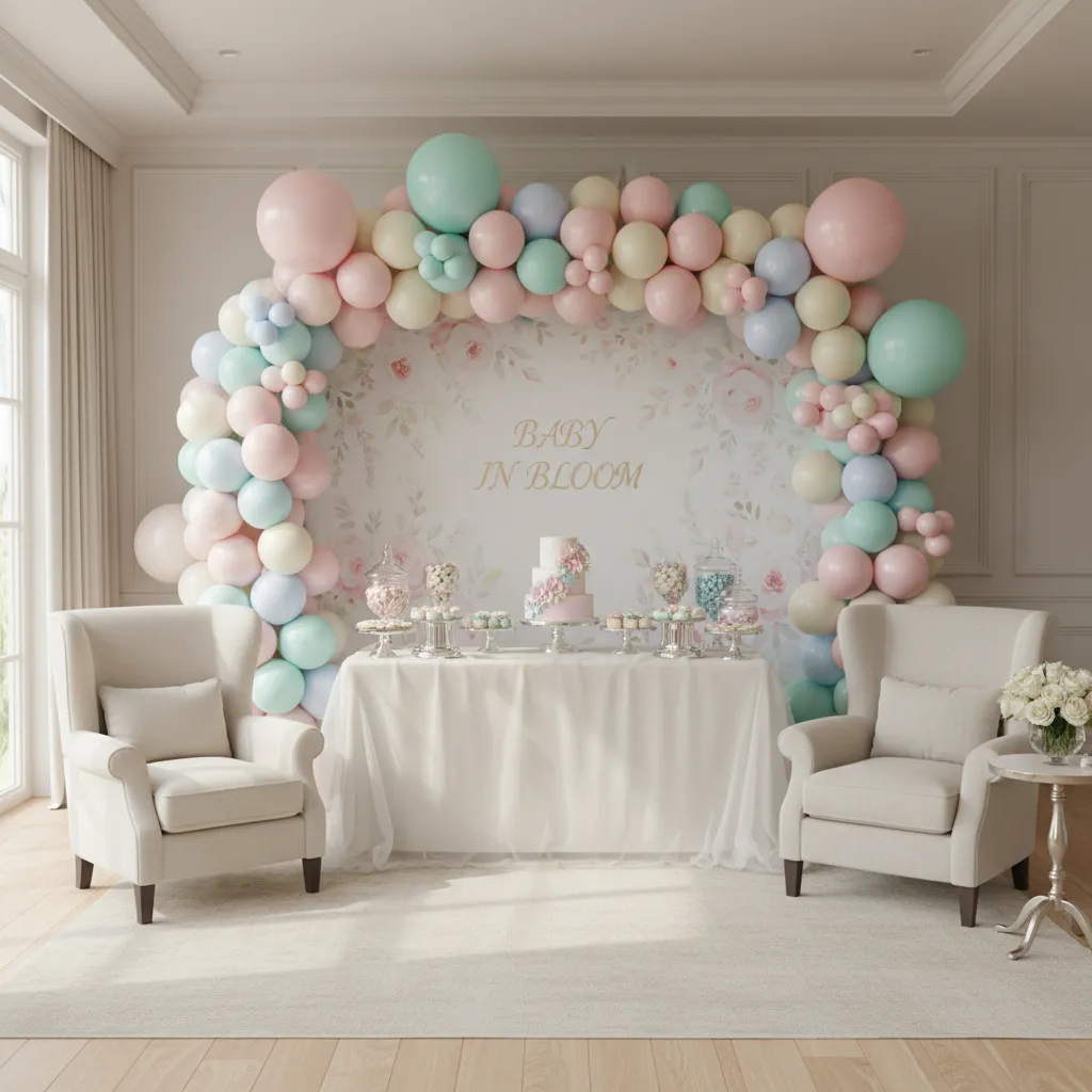 Baby shower photo backdrop with balloon arch and decorated dessert table