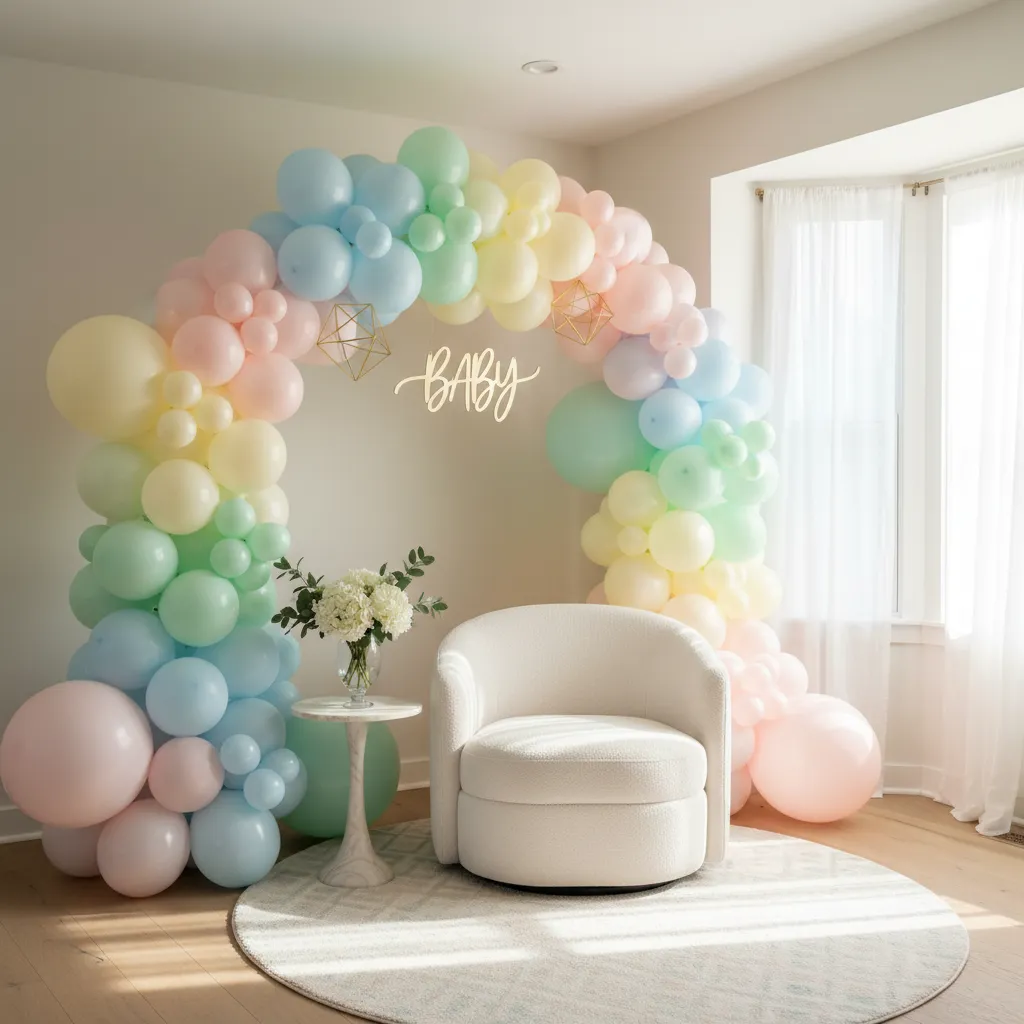 baby shower photo corner with balloon arch and decorative chair