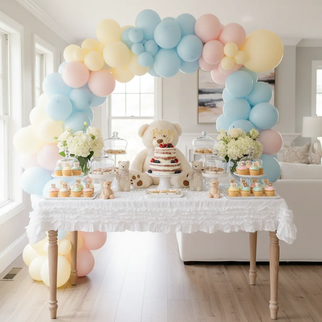 baby shower themed table decoration with teddy bear and pastel colors