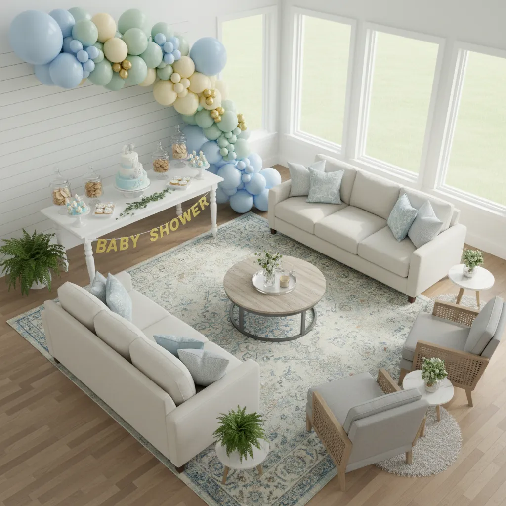 Baby shower layout showing photo backdrop area, dessert table, and seating arrangement
