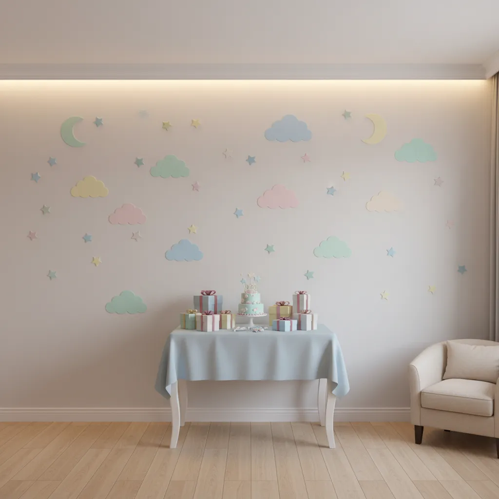 Baby shower wall decals with clouds and stars in a small apartment