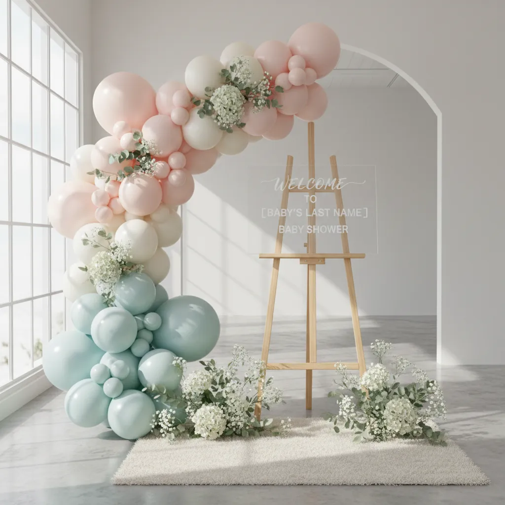 Minimal acrylic welcome sign displayed at baby shower entrance
