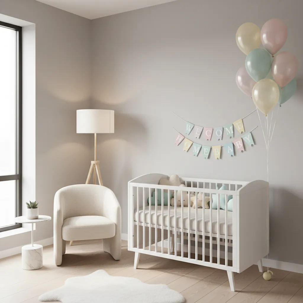 small baby welcome corner with crib banner balloons and soft toys