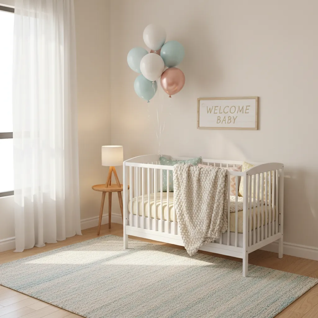 Cozy newborn welcome corner with balloons and crib in small room