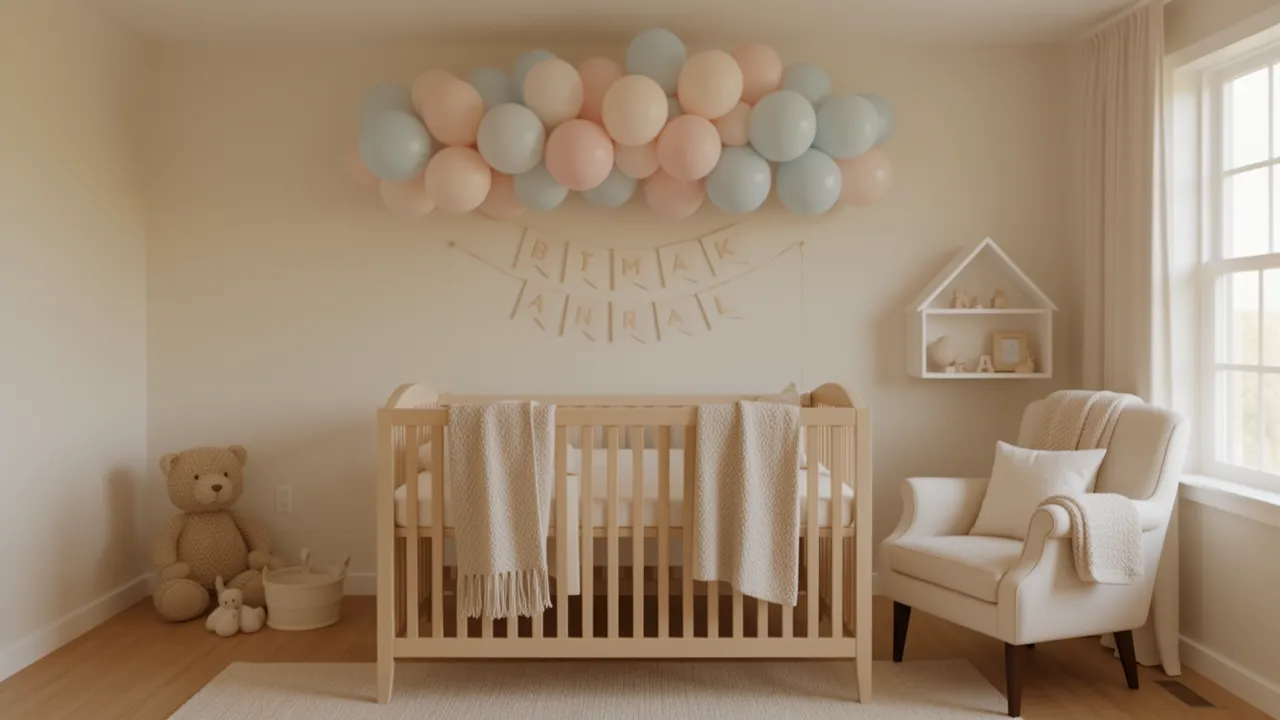 crib decorated with name banner and pastel balloons for baby welcome
