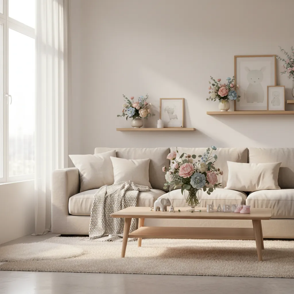 living room decorated with pastel flowers for baby welcome celebration