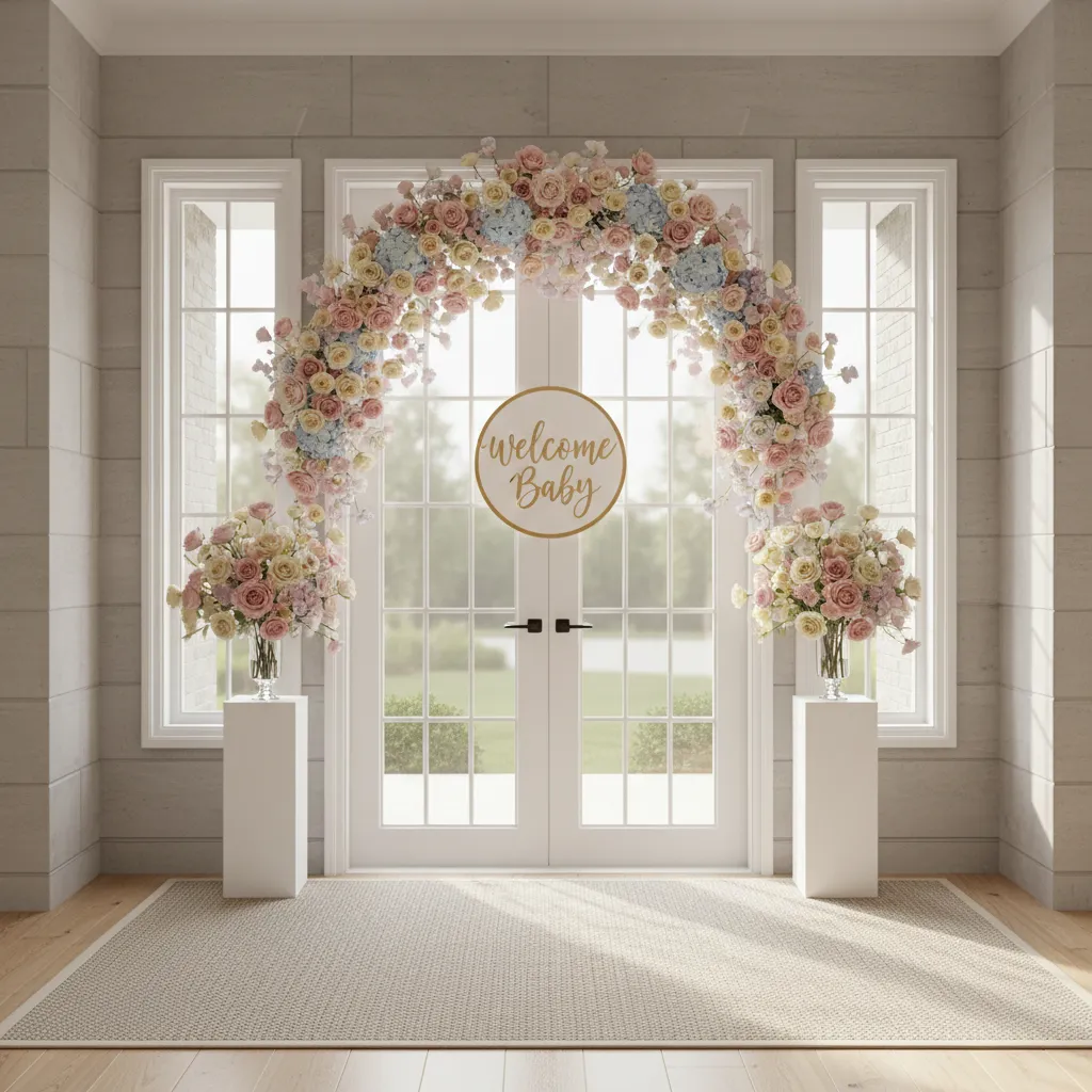 home entrance decorated with flower garland for baby welcome