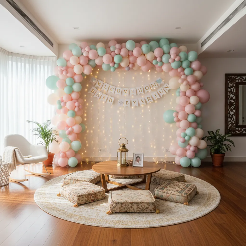 living room baby welcome decoration with balloon backdrop and photo area