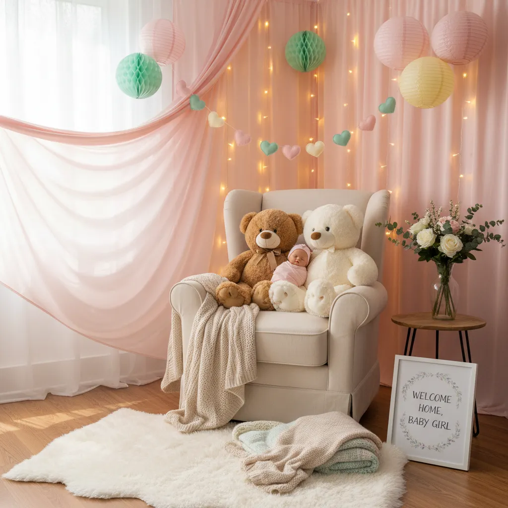 cozy baby girl photo corner with teddy bears and soft backdrop