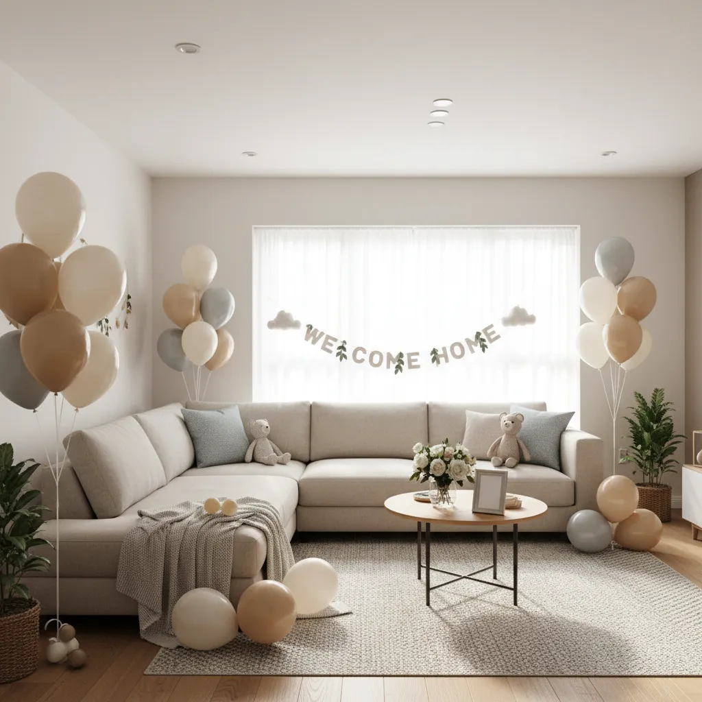 living room decorated for newborn welcome with soft balloons and cozy seating