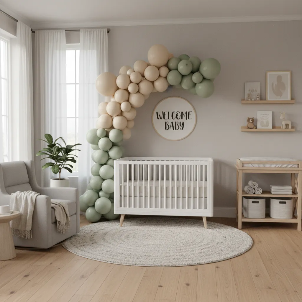 nursery layout with welcome decoration behind crib