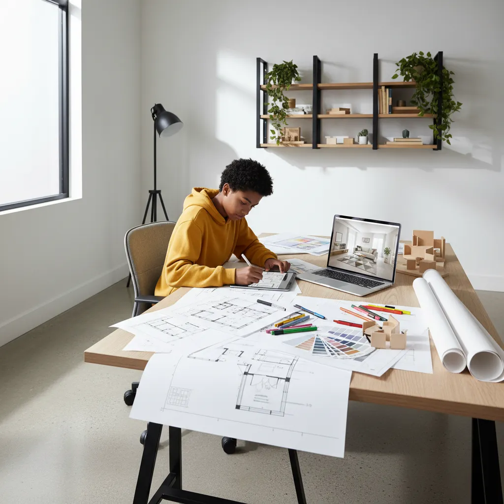Student in yellow hoodie drawing floor plans near laptop and wall shelf in bright room