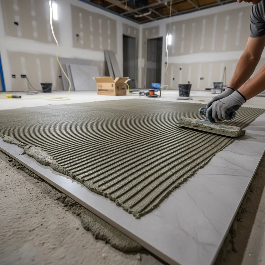 installer applying adhesive to back of large porcelain tile