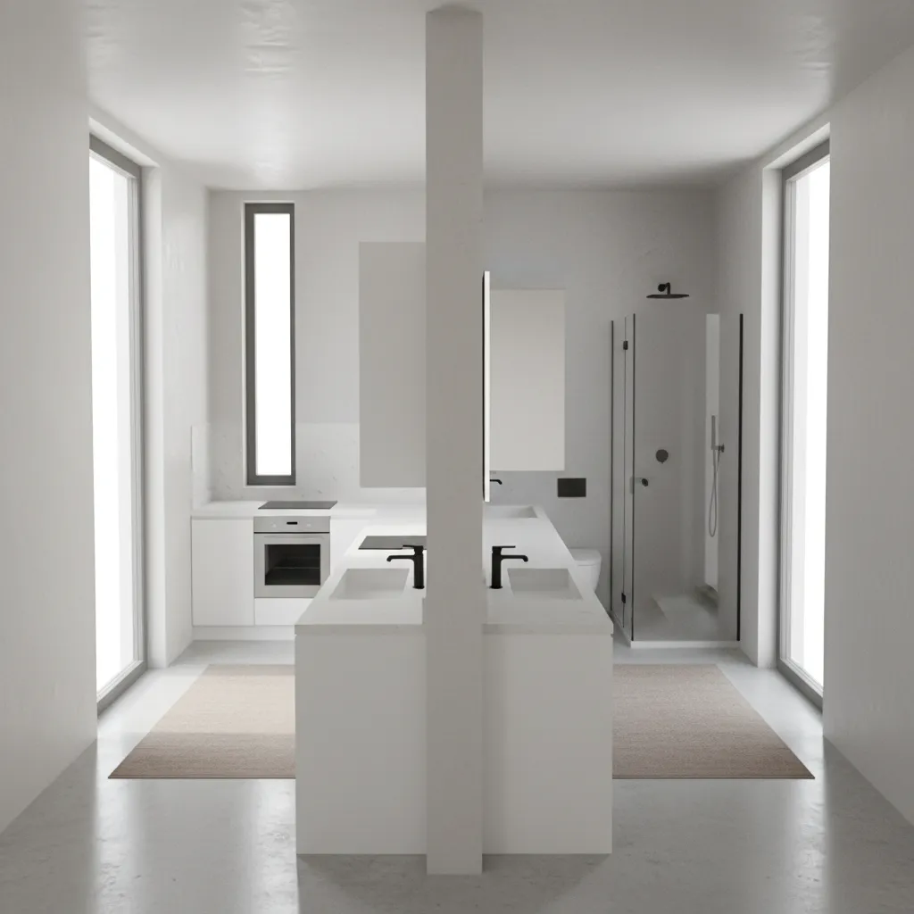 3D floor plan showing kitchen sink aligned with bathroom sink along a shared wall