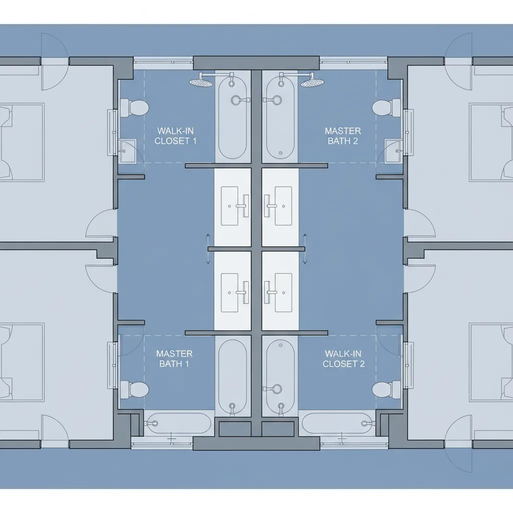 floor plan showing two master bathrooms sharing plumbing wall