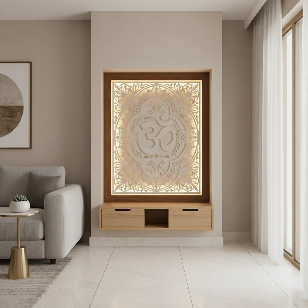 Backlit acrylic CNC cut panel illuminating pooja space