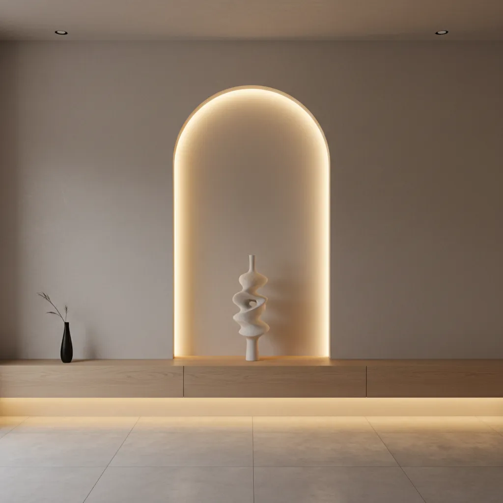 Modern half arch wall niche with glowing backlit panel creating dramatic effect