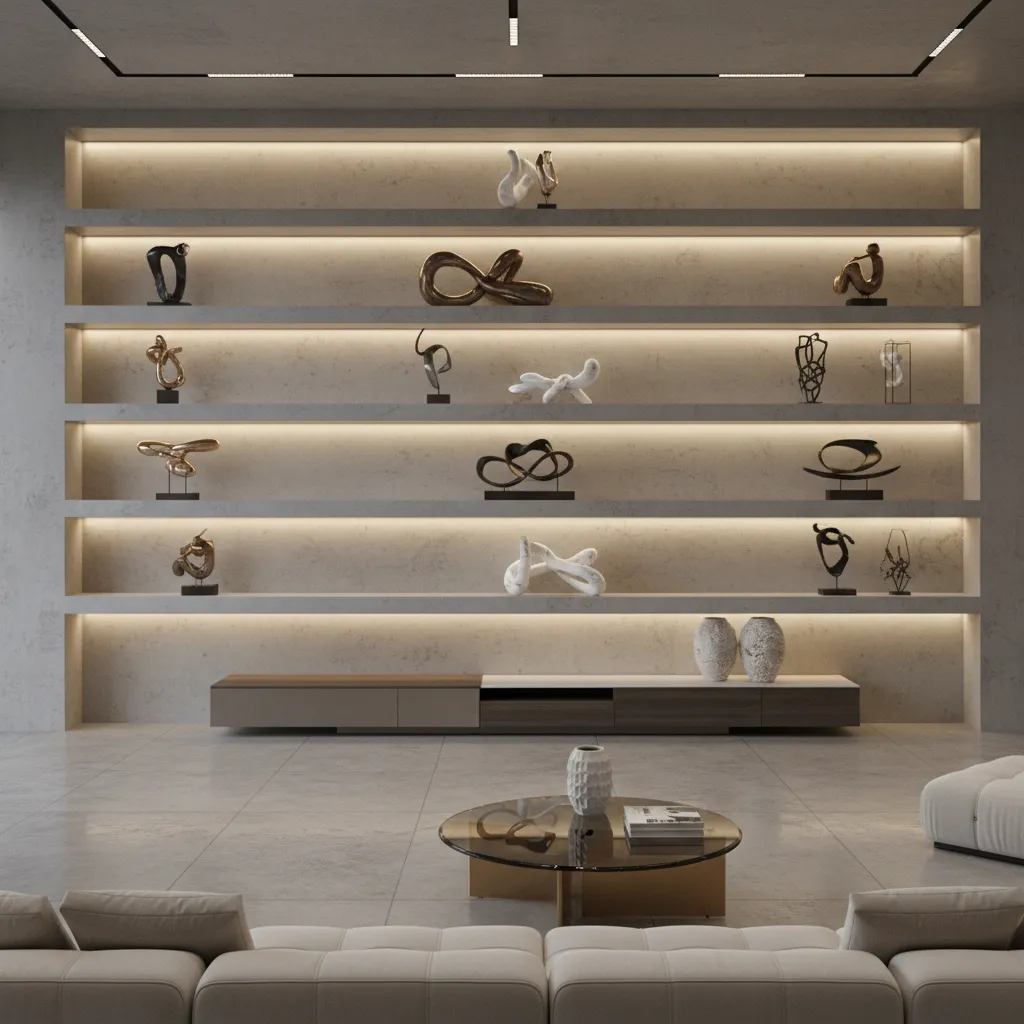 Backlit cement shelf showcase wall with warm lighting in a hall