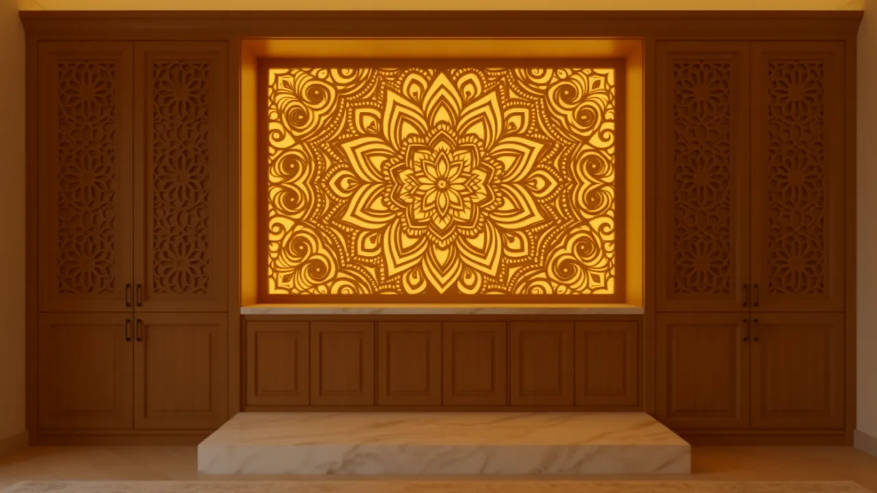 Backlit CNC panel behind pooja mandir cabinet